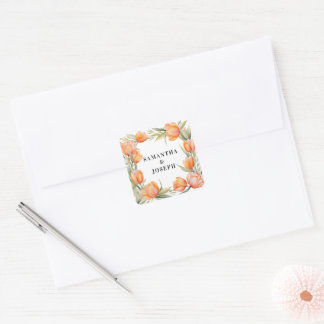 Orange Watercolor Tulips Border Couple Wedding Square Sticker