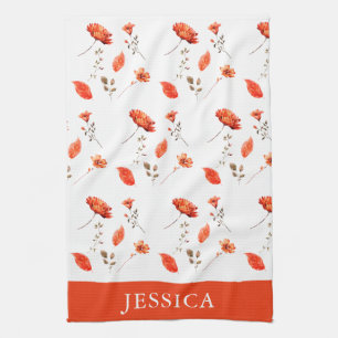 Orange Watercolor Wildflower Name Tea Towel