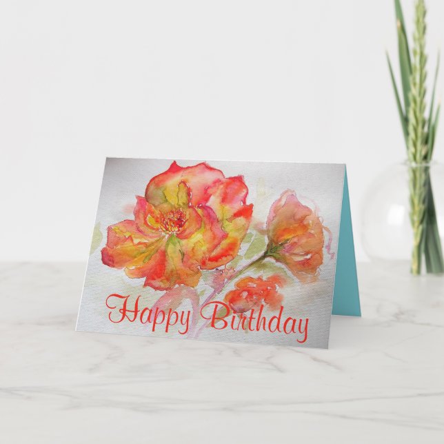 Orange Watercolour Rose Birthday Card (Front)