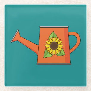 Orange Watering Can with Sunflower Glass Coaster