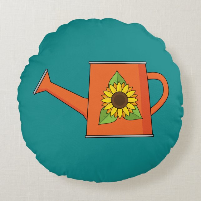 Orange Watering Can with Sunflower Round Cushion (Front)