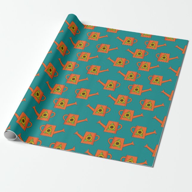 Orange Watering Can with Sunflower Wrapping Paper (Unrolled)