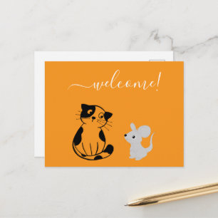 Orange Welcome Postcard with Cat & Mouse