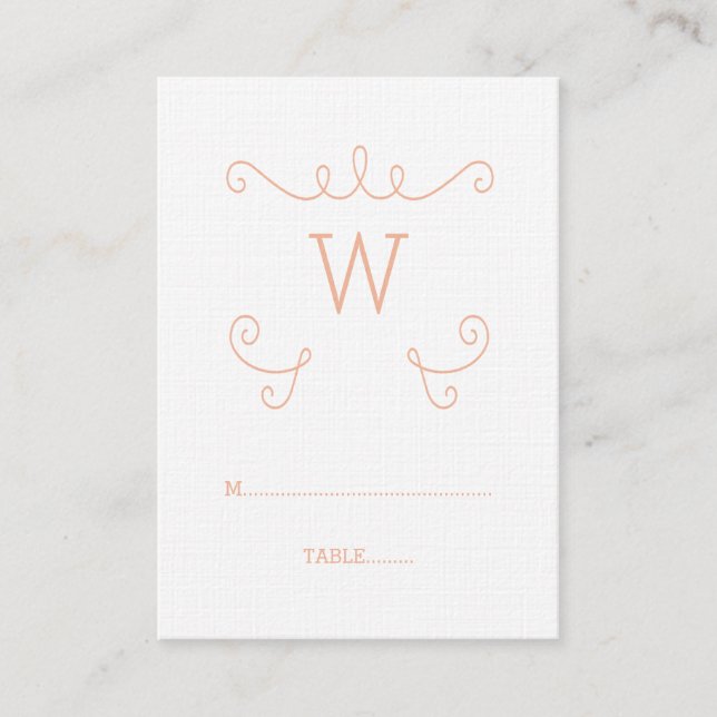 Orange Whimsical Flourish Monogram Place Card (Front)