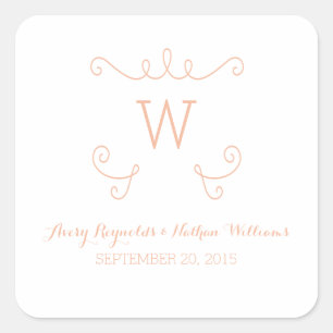 Orange Whimsical Flourish Monogram Wedding Square Sticker