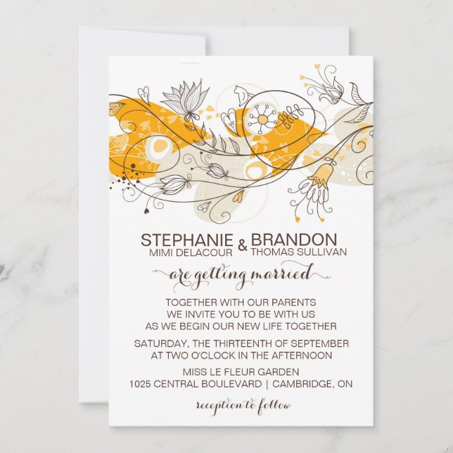 Orange Whimsical Hearts Flowers Wedding Invitation (Front)