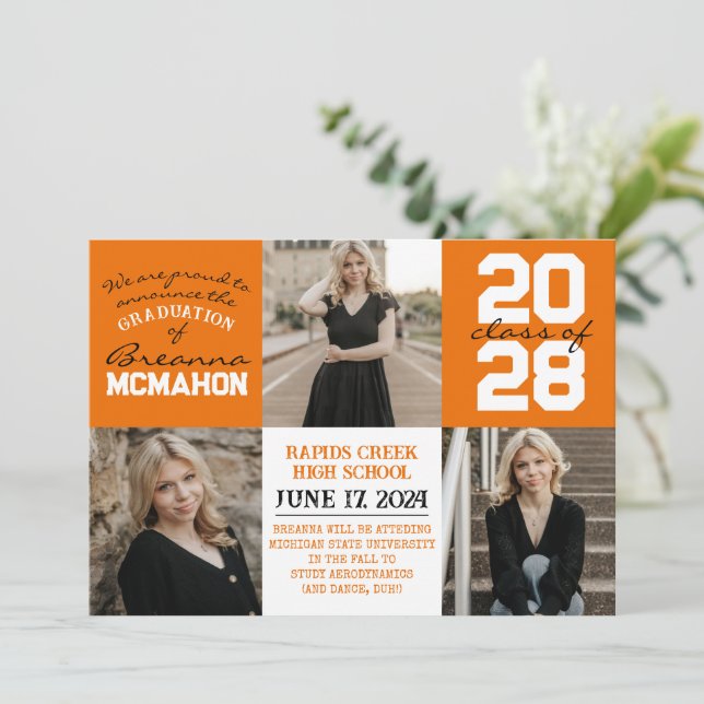 Orange & White 4 Photo Graduation Announcement (Standing Front)