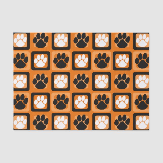 Orange, White and Black Repeating Pawprint  Tissue Paper (Front)