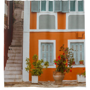 ORANGE WHITE AND GRAY CONCRETE BUILDING SHOWER CURTAIN