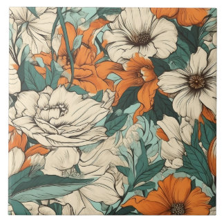 Orange, white and green pretty floral tile