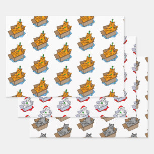 Orange, White and Grey Christmas and Birthday Cat  Wrapping Paper Sheet