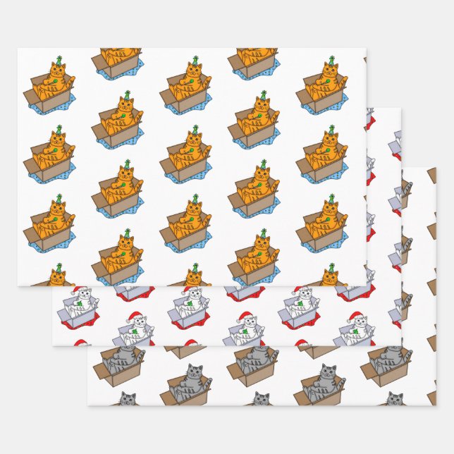 Orange, White and Grey Christmas and Birthday Cat  Wrapping Paper Sheet (Set)
