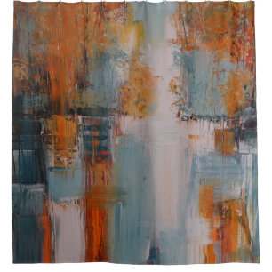 Orange, white, and teal abstract painting shower curtain