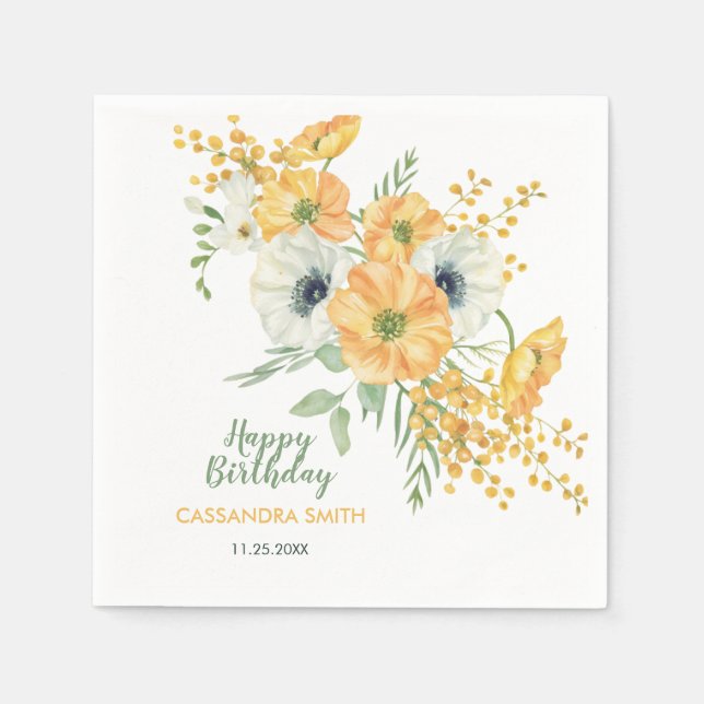 Orange & White Anemone Spring Floral Birthday  Napkin (Front)