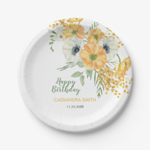 Orange & White Anemone Spring Floral Birthday Paper Plate