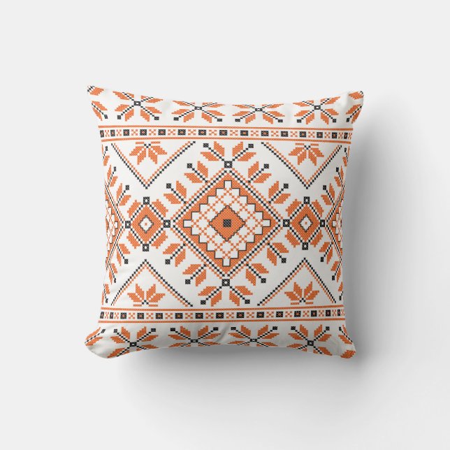 Orange White Aztec Tribal Ethnic Geometric Pattern Cushion (Front)