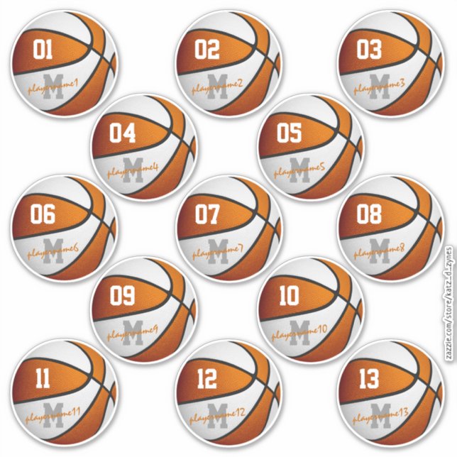 orange white basketball 13 athletes sheet of (Front)