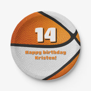 orange white basketball girls sports party paper plate