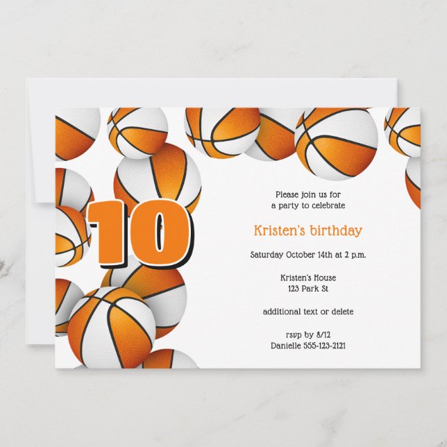 orange white basketballs girls birthday party invitation (Front)