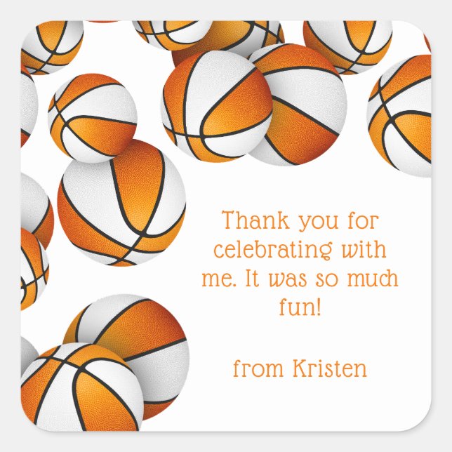 orange white basketballs girls sports party square sticker (Front)