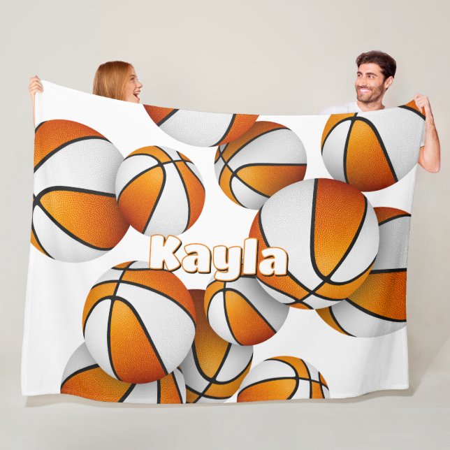 orange white basketballs kids sports room decor fleece blanket (In Situ)