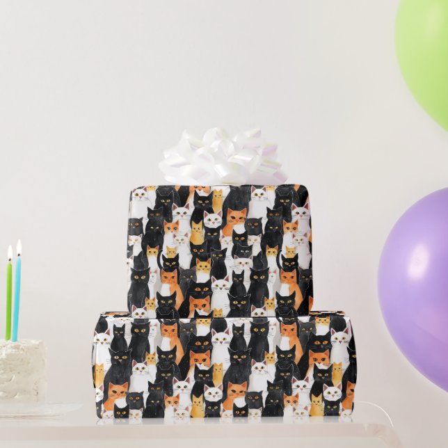 Orange White Black Cats Birthday Wrapping Paper (Party Gifts)