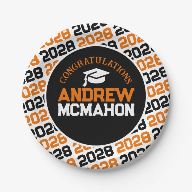 Orange, White & Black Graduation Personalised Paper Plate (Front)