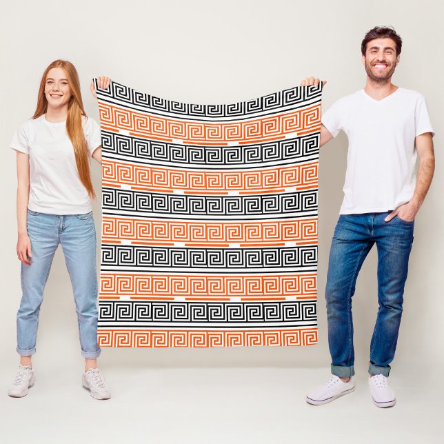 Orange White Black Greek Key Fret Pattern Design  Fleece Blanket (Creator Uploaded)