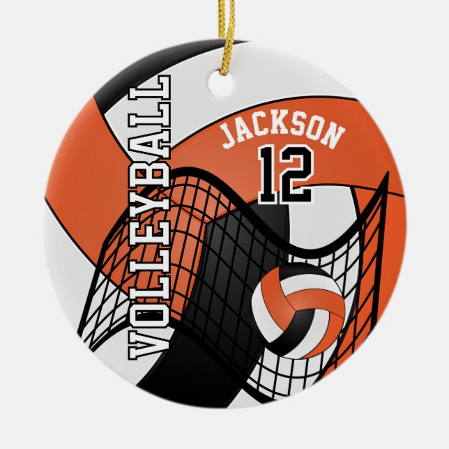 Orange, White & Black Personalise Volleyball 🏐 Ceramic Tree Decoration (Front)
