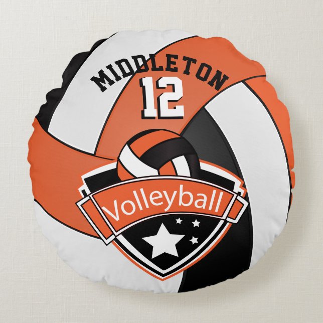 Orange, White & Black Personalise Volleyball Round Cushion (Front)