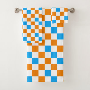 Orange White Blue Chequered Pattern Design Bath Towel Set