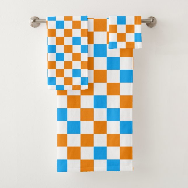 Orange White Blue Chequered Pattern Design  Bath Towel Set (Insitu)