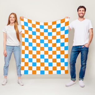 Orange White Blue Chequered Pattern Design  Fleece Blanket