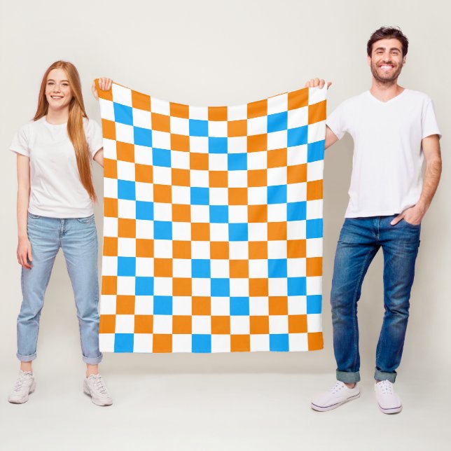 Orange White Blue Chequered Pattern Design  Fleece Blanket (In Situ)