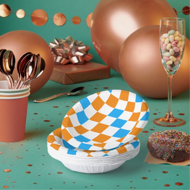 Orange White Blue Chequered Pattern Design  Paper Plate (Multi)