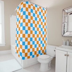 Orange White Blue Chequered Pattern Design Shower Curtain