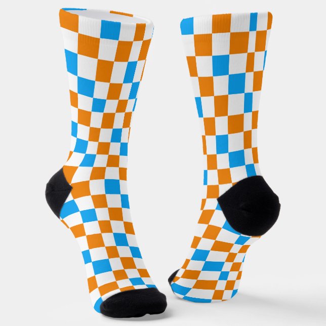 Orange White Blue Chequered Pattern Design  Socks (Angled)