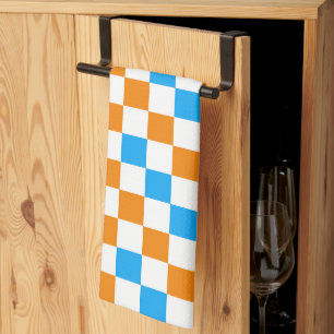 Orange White Blue Chequered Pattern Design  Tea Towel