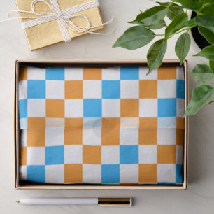 Orange White Blue Chequered Pattern Design  Tissue Paper