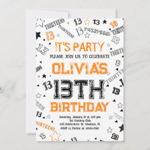 Orange White Boy Number Thirteen Birthday Party Invitation