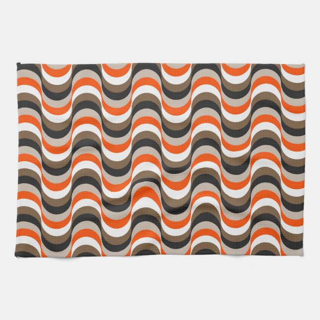 Orange, White, Brown Retro Fifties Abstract Art Tea Towel (Horizontal)
