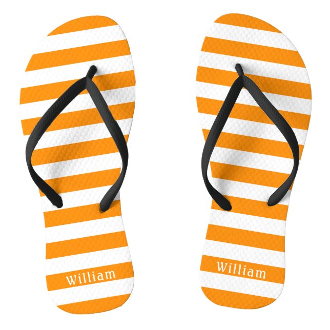 Orange White Cabana Stripes Personalised Beach Flip Flops (Footbed)