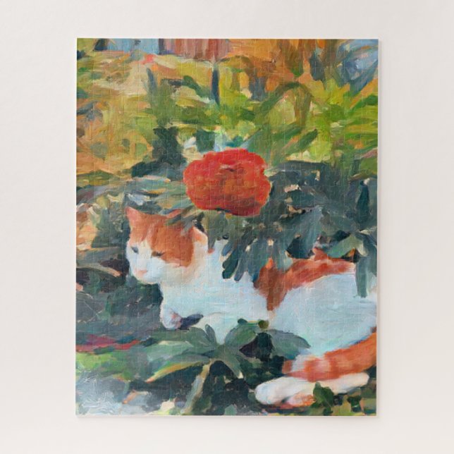 Orange/white cat under a flowering bush jigsaw puzzle (Vertical)