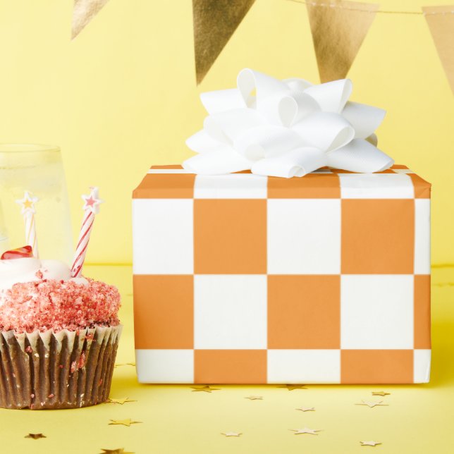 Orange White Check Chequerboard Pattern   Wrapping Paper (Birthday Party)