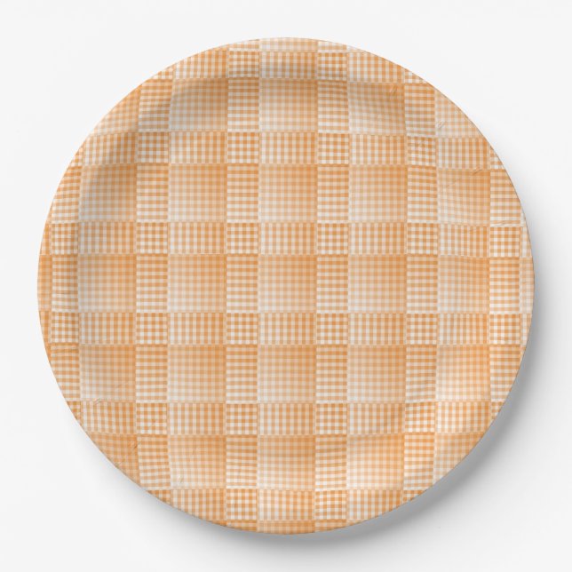 Orange White Checker Abstract Pattern Paper Plate (Front)