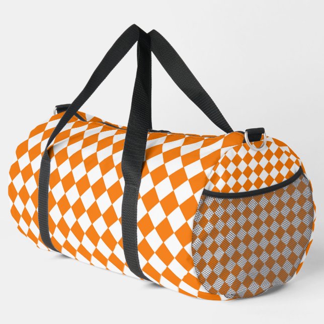 Orange White Checker Diamond Pattern Large Duffle Bag (Right Corner)