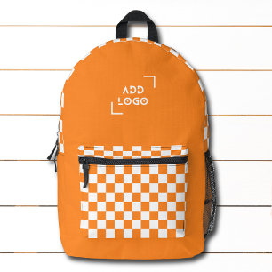 Orange White Chequerboard Check Pattern Logo Printed Backpack