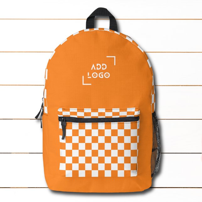 Orange White Chequerboard Check Pattern Logo Printed Backpack (Creator Uploaded)