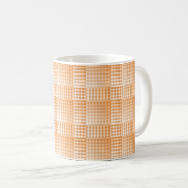 Orange White Chequered Abstract Pattern Coffee Mug (Front Right)