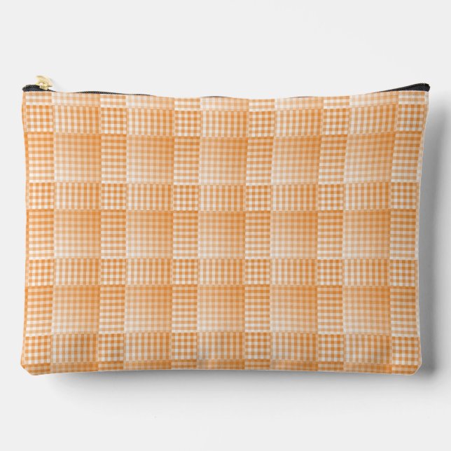 Orange White Chequered Abstract Pattern Large Accessory Pouch (Front)